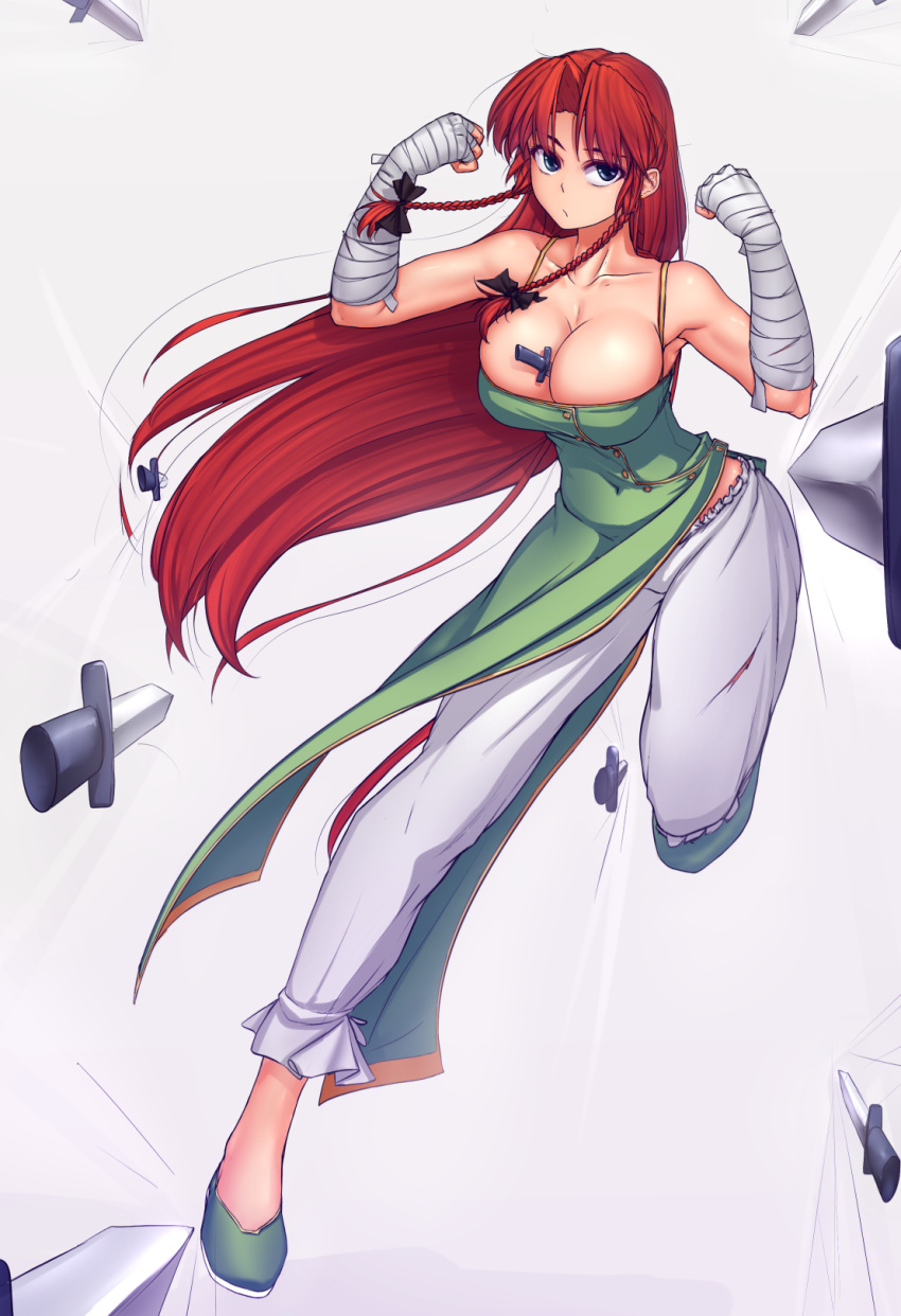 1girl, adapted_costume, bandaged_arm, bandages, bangs, bare_shoulders, between_breasts, black_ribbon