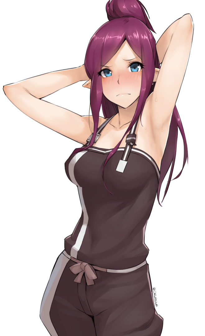 1girl, armpits, arms_behind_head, blue_eyes, blush, casual, cowboy_shot, eyebrows