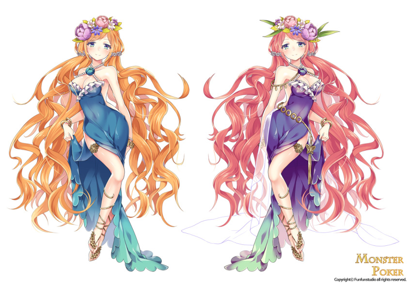1girl, bare_shoulders, blue_dress, blush, bracelet, breasts, cleavage, copyright_name