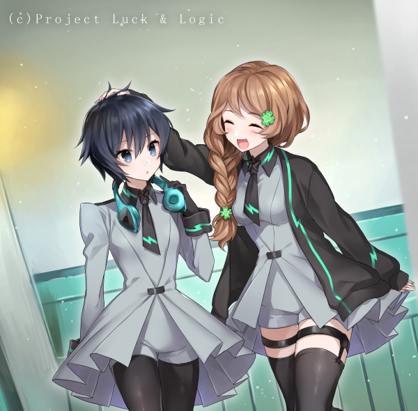 2girls, ^_^, asuha_mana, black_gloves, black_hair, black_legwear, blue_eyes, braid