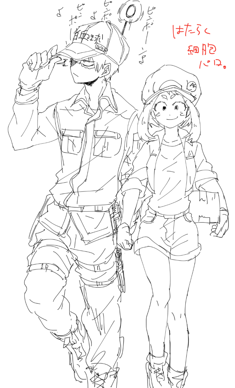 1boy, 1girl, ae-3803, ae-3803_(cosplay), bakugou_katsuki, baseball_cap, blush_stickers, boku_no_hero_academia