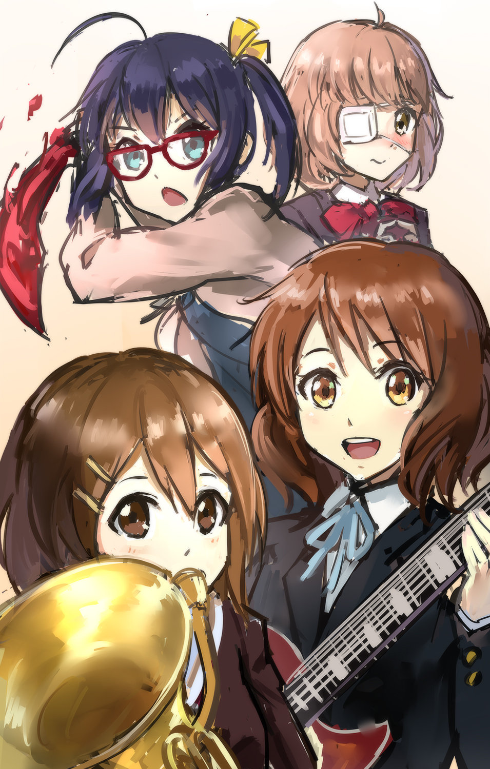4girls, ahoge, alternate_costume, blood, blue_eyes, blush, bob_cut, bow