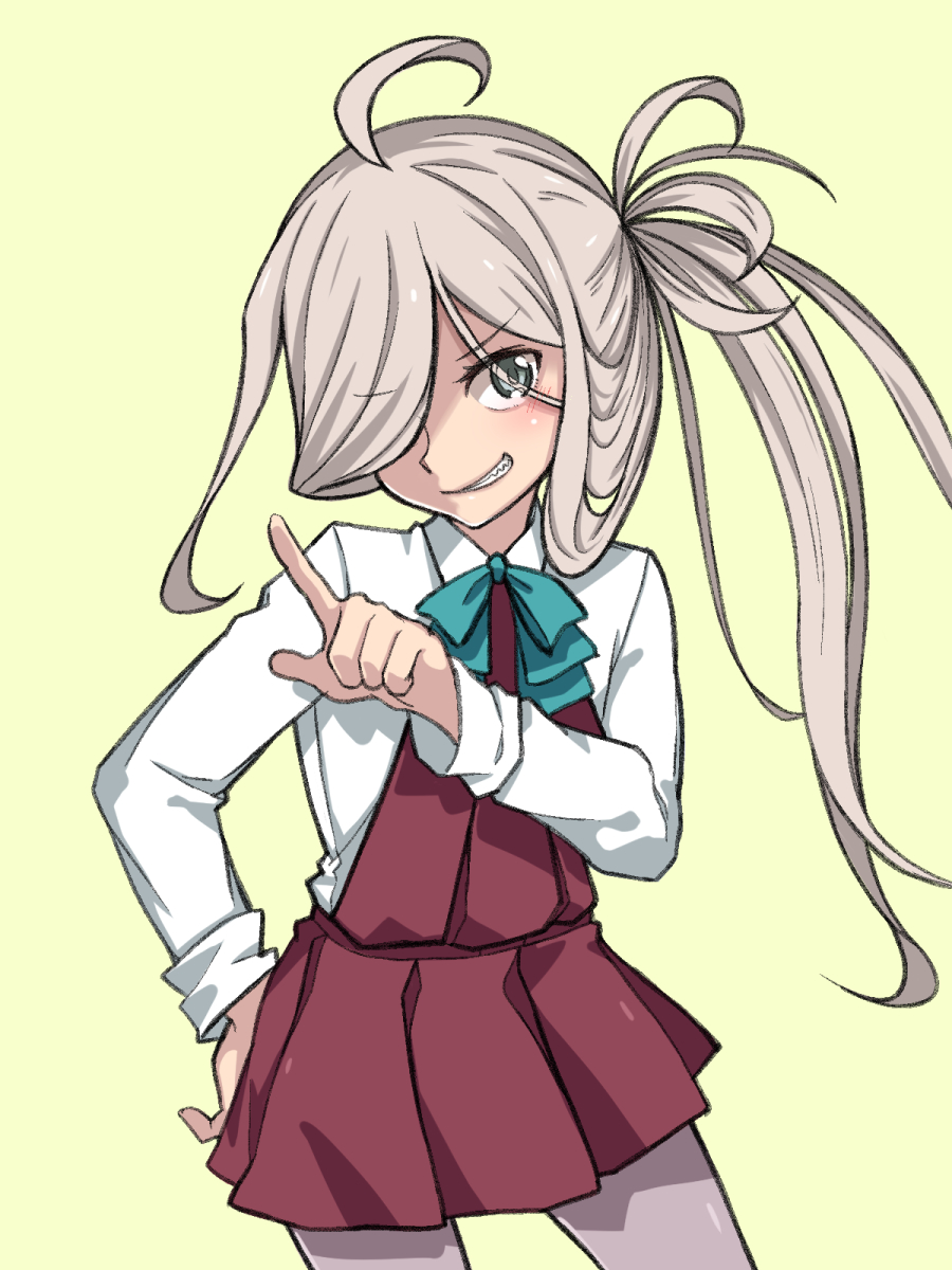 1girl, ahoge, asashimo_(kantai_collection), bow, bowtie, commentary, green_eyes, grin