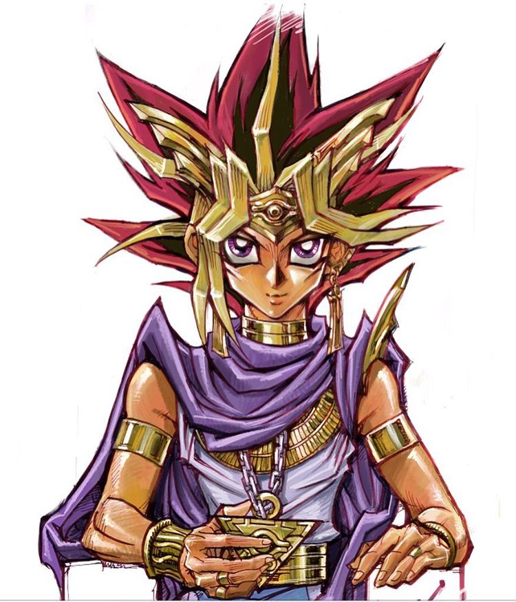 >:), 1boy, armlet, atem, black_hair, blonde_hair, bracelet, cape, chain, dark_skin, earrings, forehead_protector, jewelry, looking_at_viewer, millennium_puzzle, multicolored_hair, redhead, sleeveless, smile, solo, spiky_hair, takahashi_kazuki, tsurime, upper_body, violet_eyes, white_background, yuu-gi-ou, yuu-gi-ou_duel_monsters