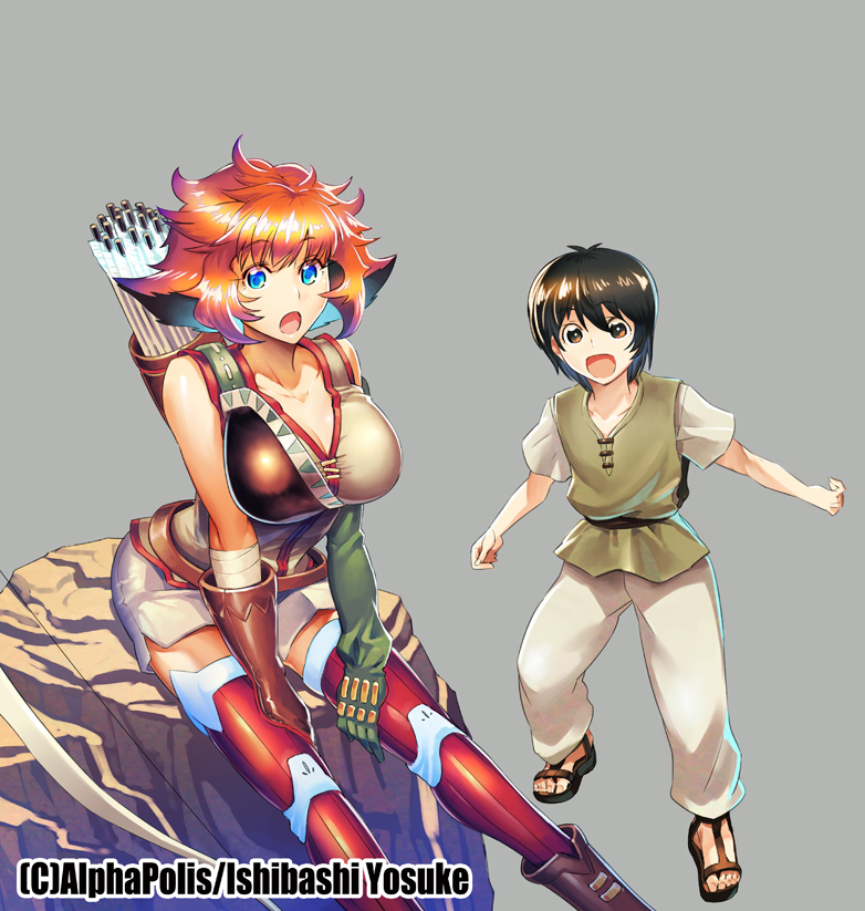 1boy, 1girl, :d, artist_name, bare_shoulders, boots, bow_(weapon), breasts