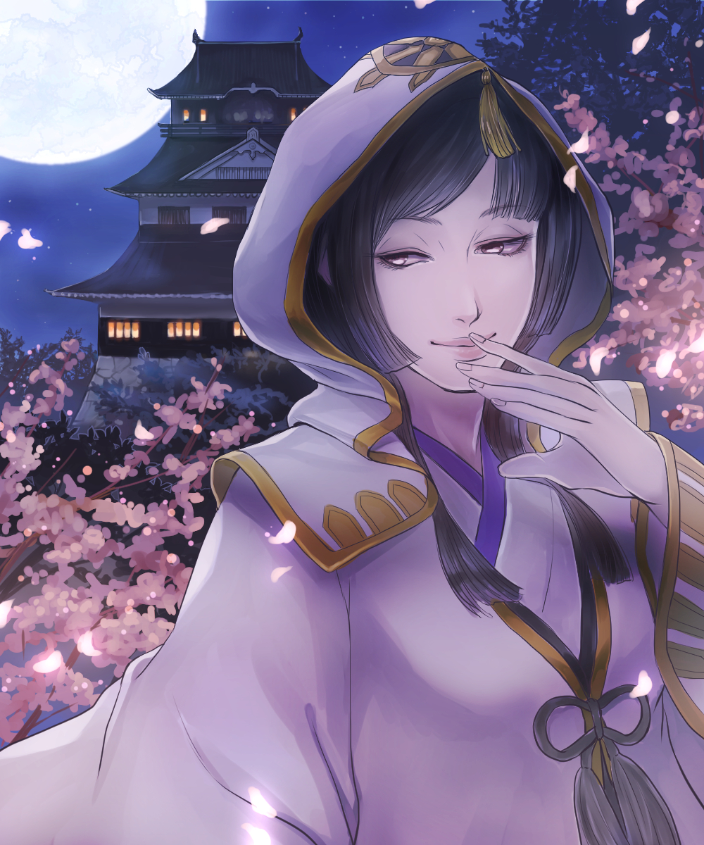 1girl, aya_gozen, black_hair, brown_eyes, castle, highres, hood, kageyama_hasu