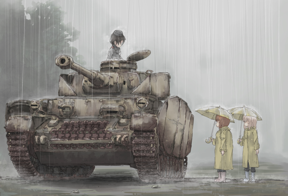 3girls, black_hair, boots, brown_hair, extra, gaditava, garrison_cap, girls_und_panzer, ground_vehicle, hat, hatch, holding, itsumi_erika, long_hair, looking_at_another, looking_down, military, military_vehicle, motor_vehicle, multiple_girls, nishizumi_miho, no_eyes, panzerkampfwagen_iv, rain, raincoat, rubber_boots, short_hair, silver_hair, tank, tree, umbrella, uniform, wet