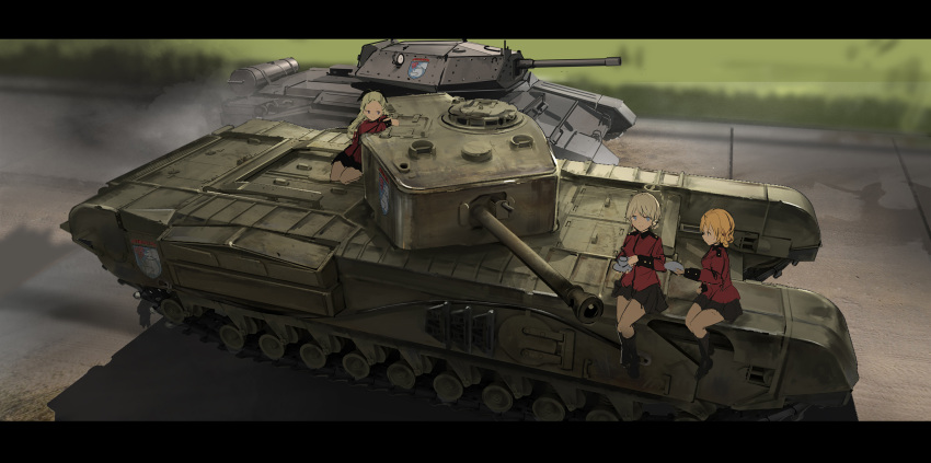 3girls, arm_support, assam, blonde_hair, blue_eyes, bow, braid, churchill_(tank), crusader_(tank), cup, darjeeling, girls_und_panzer, ground_vehicle, hair_bow, highres, holding, letterboxed, long_hair, looking_at_another, military, military_vehicle, motor_vehicle, multiple_girls, orange_hair, orange_pekoe, renatus.z, saucer, sitting, sketch, skirt, smoke, tank, teacup, uniform
