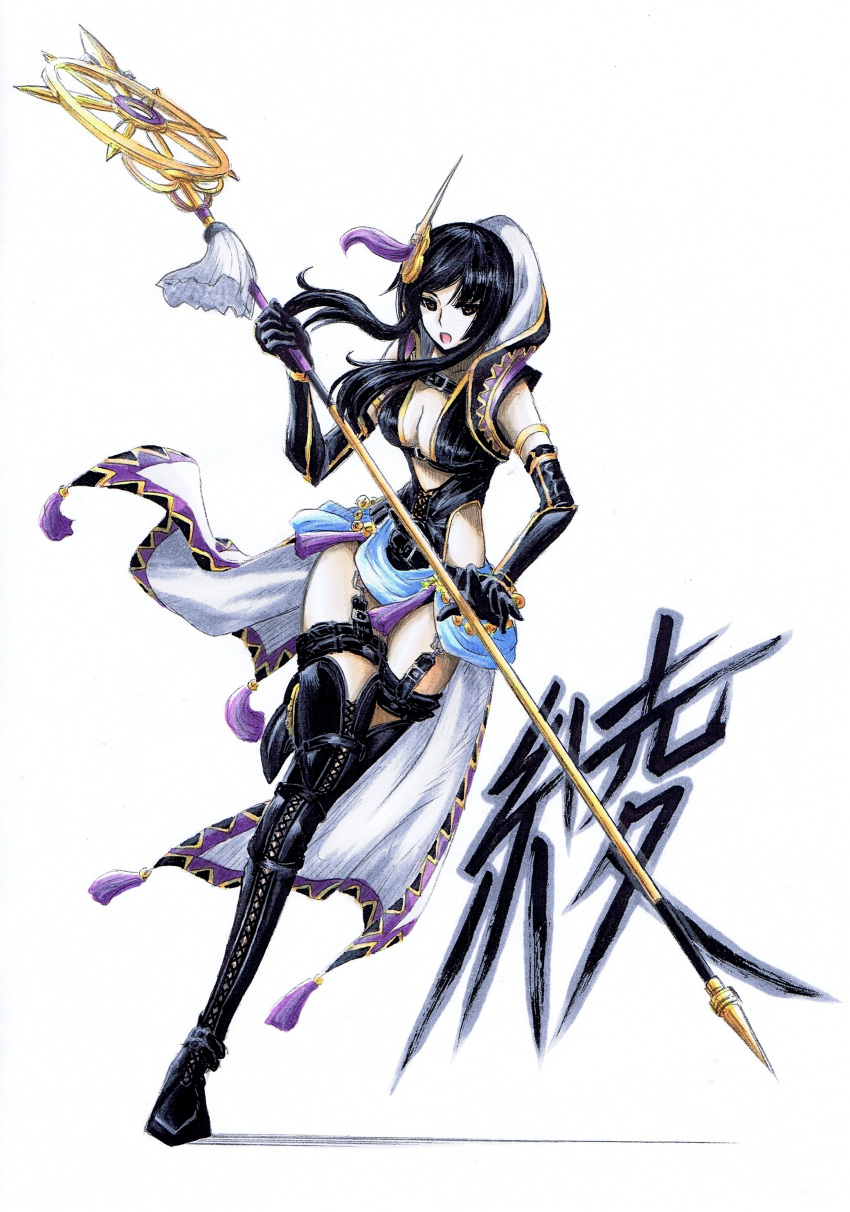 1girl, absurdres, aya_gozen, black_hair, boots, breasts, cleavage, elbow_gloves, full_body, garter_straps, garters, gloves, hair_ornament, highres, hood, long_hair, oota_tamon, open_mouth, sengoku_musou, solo, staff, thigh-highs, thigh_boots, translation_request, weapon, white_background