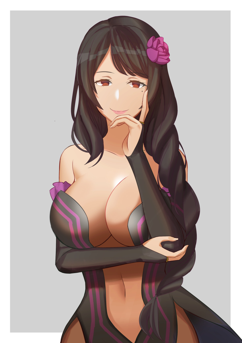 1girl, absurdres, black_hair, braid, breasts, bridal_gauntlets, cleavage, collarbone