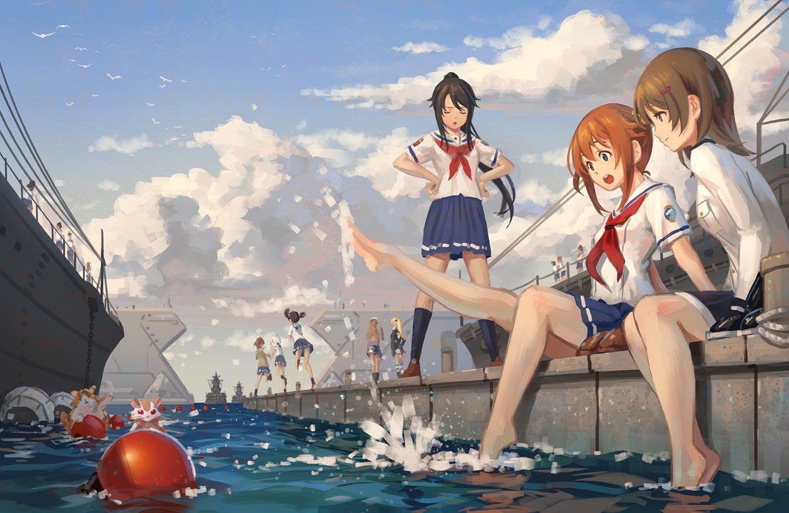 6+girls, barefoot, blue_sky, cat, china_moeka, clouds, hamster, high_school_fleet