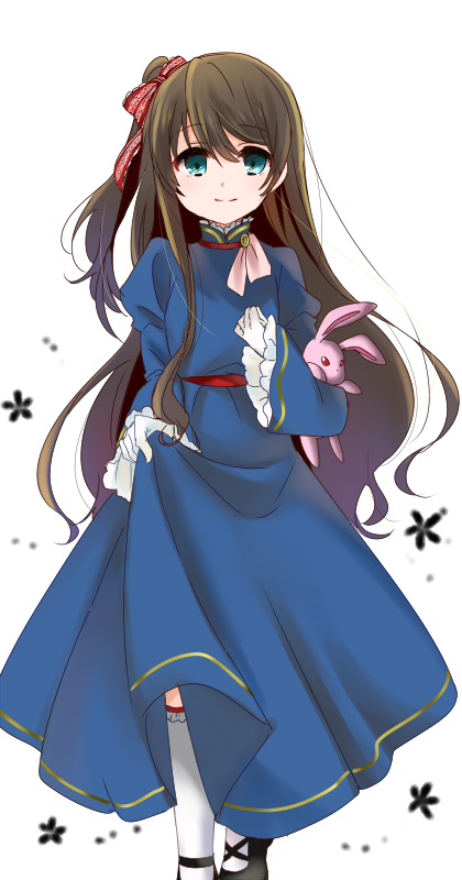 1girl, aqua_eyes, black_shoes, blue_dress, blush, brown_hair, dress, gloves