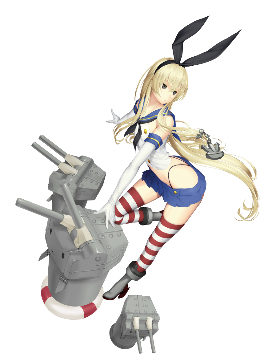 1girl, black_panties, black_ribbon, blonde_hair, blue_skirt, brown_eyes, elbow_gloves, gloves
