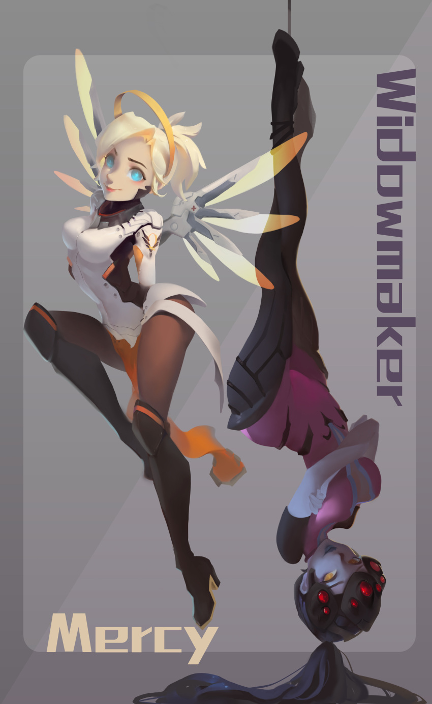 2girls, absurdres, bing_bing, blonde_hair, blue_eyes, bodysuit, breasts, brown_legwear