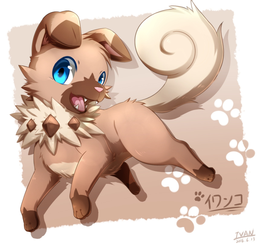 animal_ears, artist_name, blue_eyes, dog, dog_ears, dog_tail, fang, ivan_(ffxazq), iwanko, no_humans, open_mouth, pokemon, pokemon_(creature), pokemon_(game), pokemon_sm, solo, tail, tongue