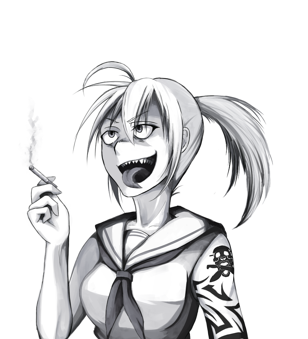 1girl, androth, bare_shoulders, cigarette, collarbone, ears, greyscale, headshot
