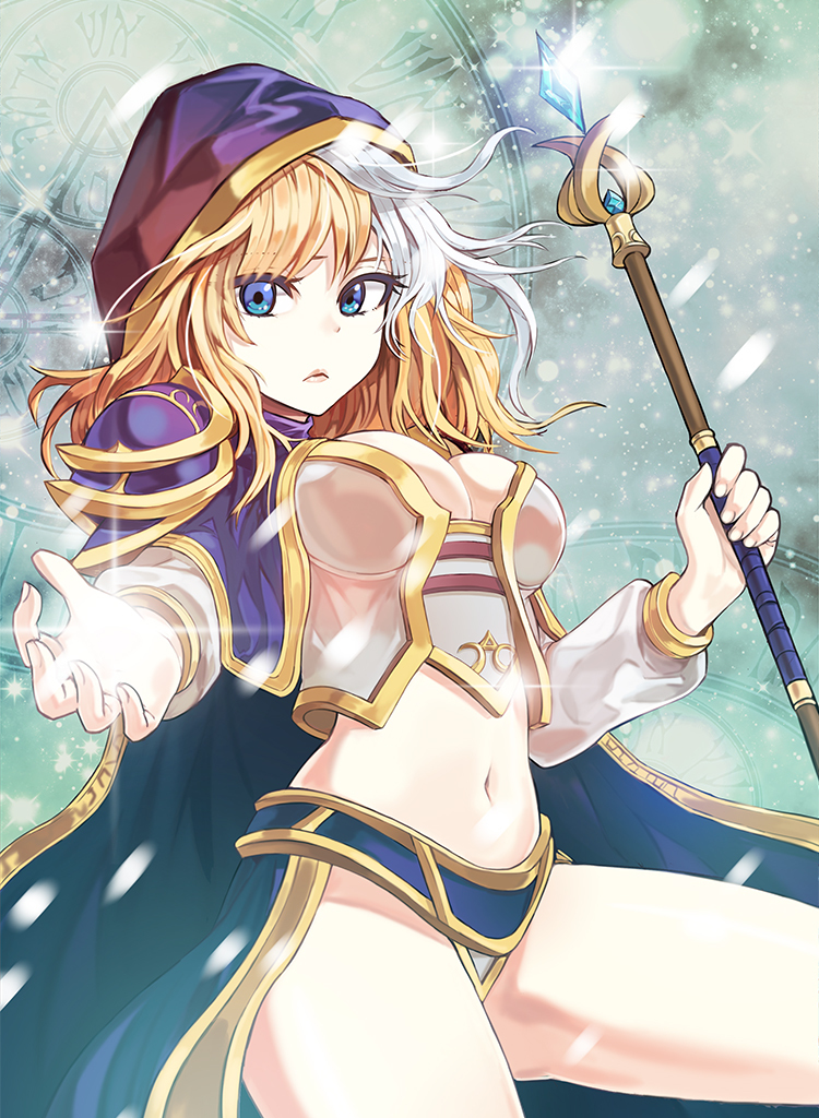 1girl, blonde_hair, blue_eyes, breasts, cleavage, hood, jaina_proudmoore, long_hair