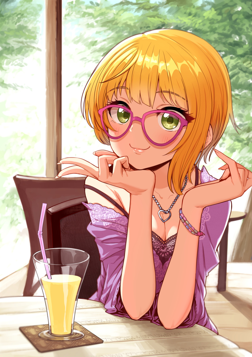 1girl, bendy_straw, bespectacled, blonde_hair, blush, bracelet, breasts, cafe
