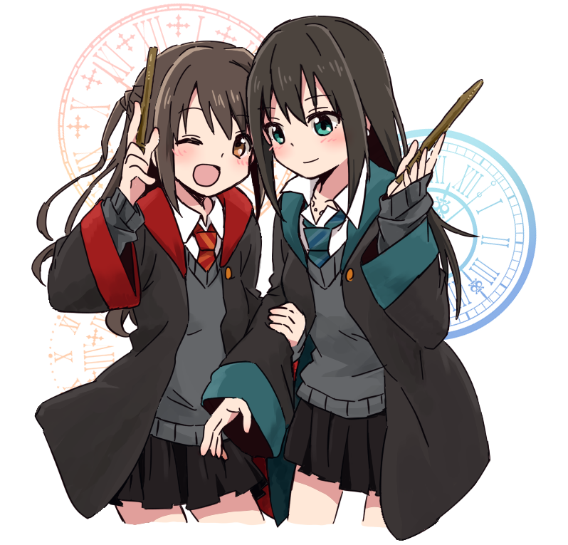 2girls, ;d, arm_holding, blush, brown_hair, cosplay, earrings, green_eyes