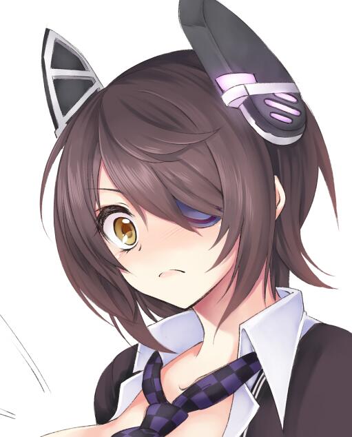 1girl, antennae, black_hair, blush, embarrassed, kantai_collection, looking_at_viewer, necktie