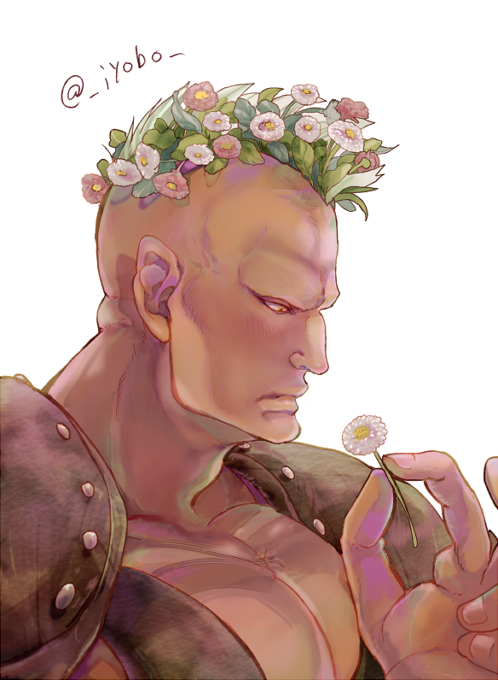 1boy, cassios, flower, green_hair, hair_flower, hair_ornament, head_wreath, jobo_(isi88), mohawk, saint_seiya, solo
