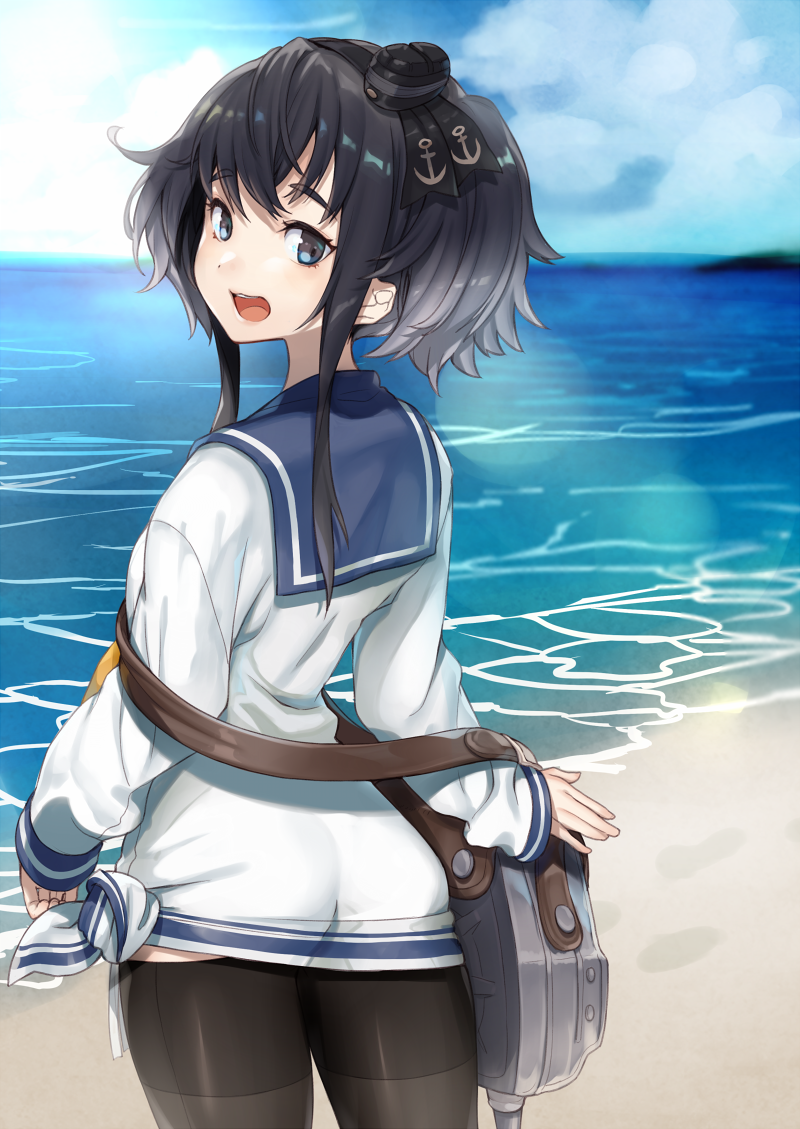 1girl, anchor, ass, beach, black_hair, black_legwear, clouds, cloudy_sky