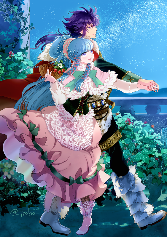 1boy, 1girl, blue_hair, dress, gullinbursti_frodi, jobo_(isi88), long_hair, lyfia_(saint_seiya:_soul_of_gold)