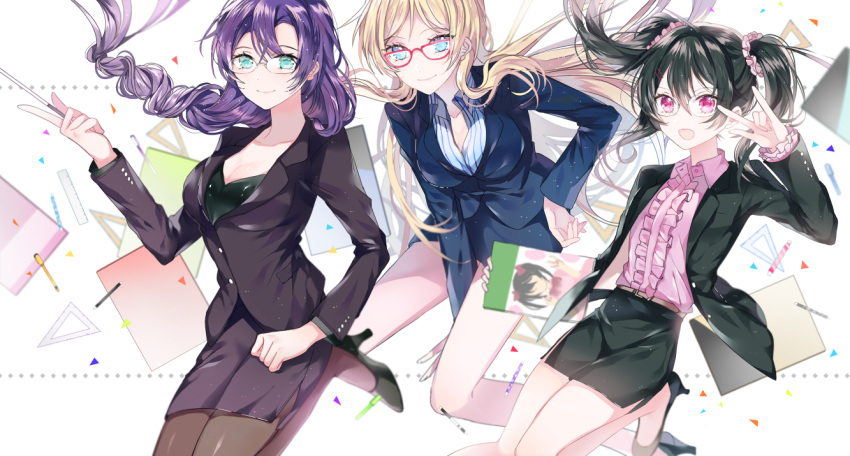 ayase_eli, bespectacled, black_hair, blonde_hair, blue_eyes, braid, center_frills, formal