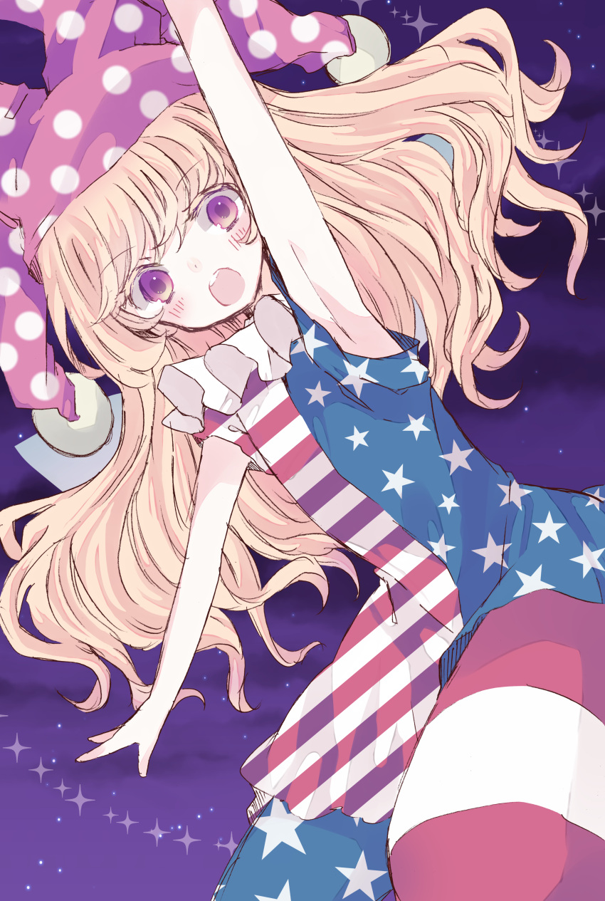 absurdres, american_flag_shirt, armpits, bangs, clownpiece, hat, highres, jester_cap