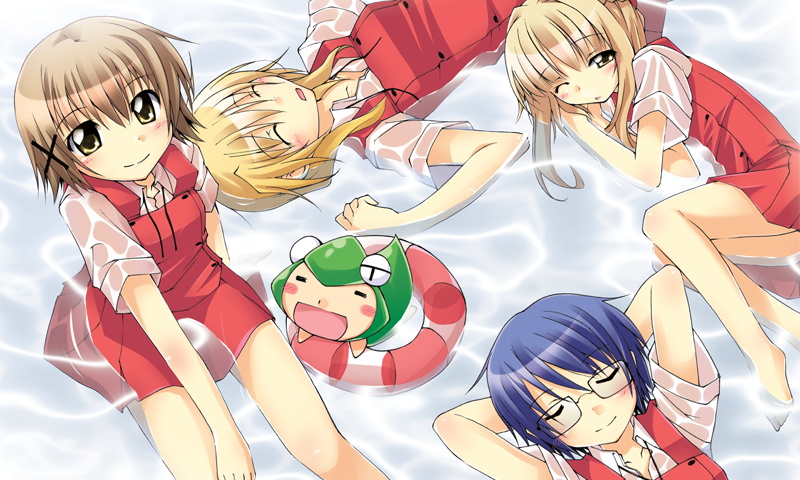 blonde_hair, blue_hair, brown_hair, hidamari_sketch, innertube, miyako, nazuna, nazuna_(hidamari_sketch)