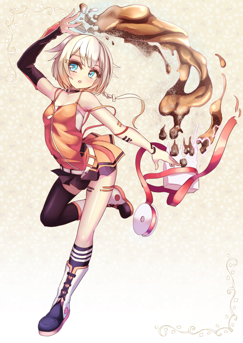 1girl, :o, arched_back, arm_up, bangs, belt, black_legwear, blue_eyes