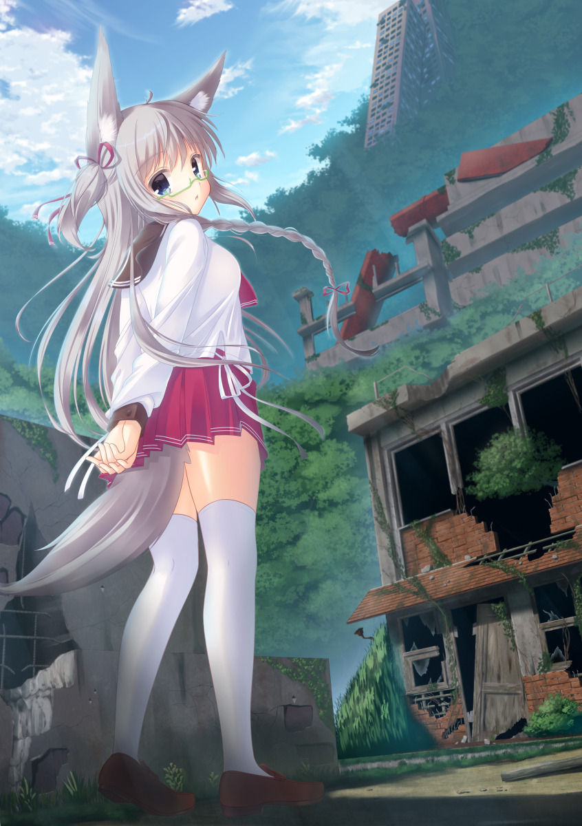 1girl, ahoge, animal_ears, blue_eyes, braid, building, clouds, cloudy_sky