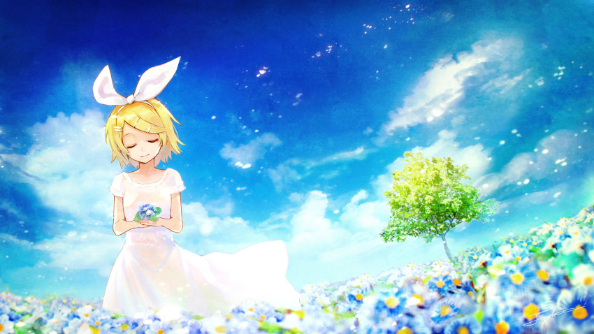 1girl, blonde_hair, blue_sky, blush, closed_eyes, clouds, commentary_request, dress, field, flower, flower_field, hair_ornament, hair_ribbon, hairclip, highres, kagamine_rin, nature, outdoors, ribbon, short_hair, sky, smile, solo, tree, vocaloid, white_dress, yuranpo