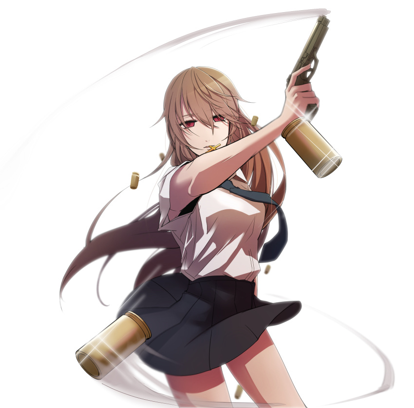 1girl, armpit_peek, brown_hair, chinatsu_(jormungand), cross, dalsem, glint, gun
