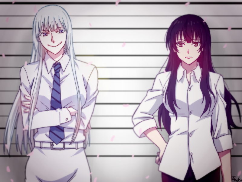 2girls, black_eyes, black_hair, blue_eyes, cherry_blossoms, crossed_arms, expressionless, hand_on_hip