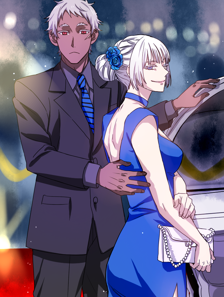 1boy, 1girl, bag, blue_eyes, blue_rose, blurry, bokeh, dark_skin, depth_of_field, dress, expressionless, flower, formal, hair_bun, hair_flower, hair_ornament, handbag, johnathan_mar, jormungand, koko_hekmatyar, necktie, older, one_eye_closed, red_eyes, rose, smile, suit, taneko_(motitto092), white_hair