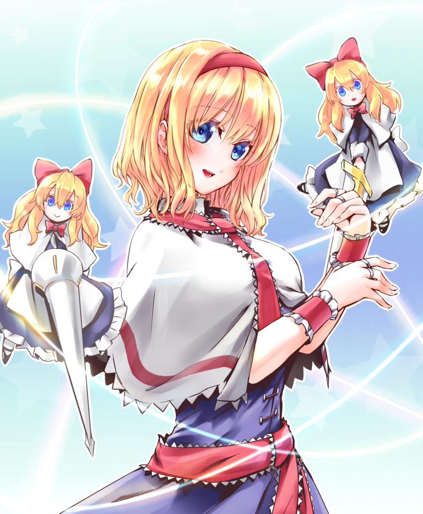 1girl, alice_margatroid, apron, blonde_hair, blue_background, blue_dress, blue_eyes, blush