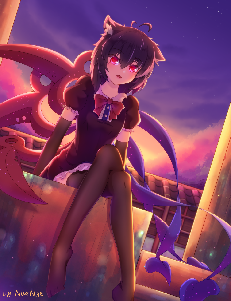 1girl, animal_ears, artist_name, asymmetrical_hair, backlighting, black_dress, black_gloves, black_hair