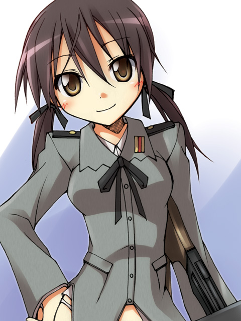 gertrud_barkhorn, gun, ribbon, satakeyura, smile, strike_witches, weapon
