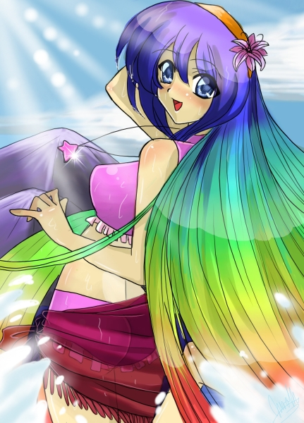 bikini, blue_eyes, flower, jewelry, kiwi_koneko, long_hair, mystic, necklace