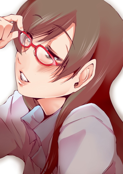 1girl, adjusting_glasses, bespectacled, blush, brown_eyes, brown_hair, collared_shirt, fukui_sora