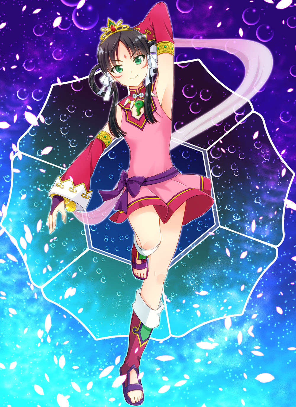 1girl, arm_up, armpits, black_hair, boots, bow, dress, facial_mark