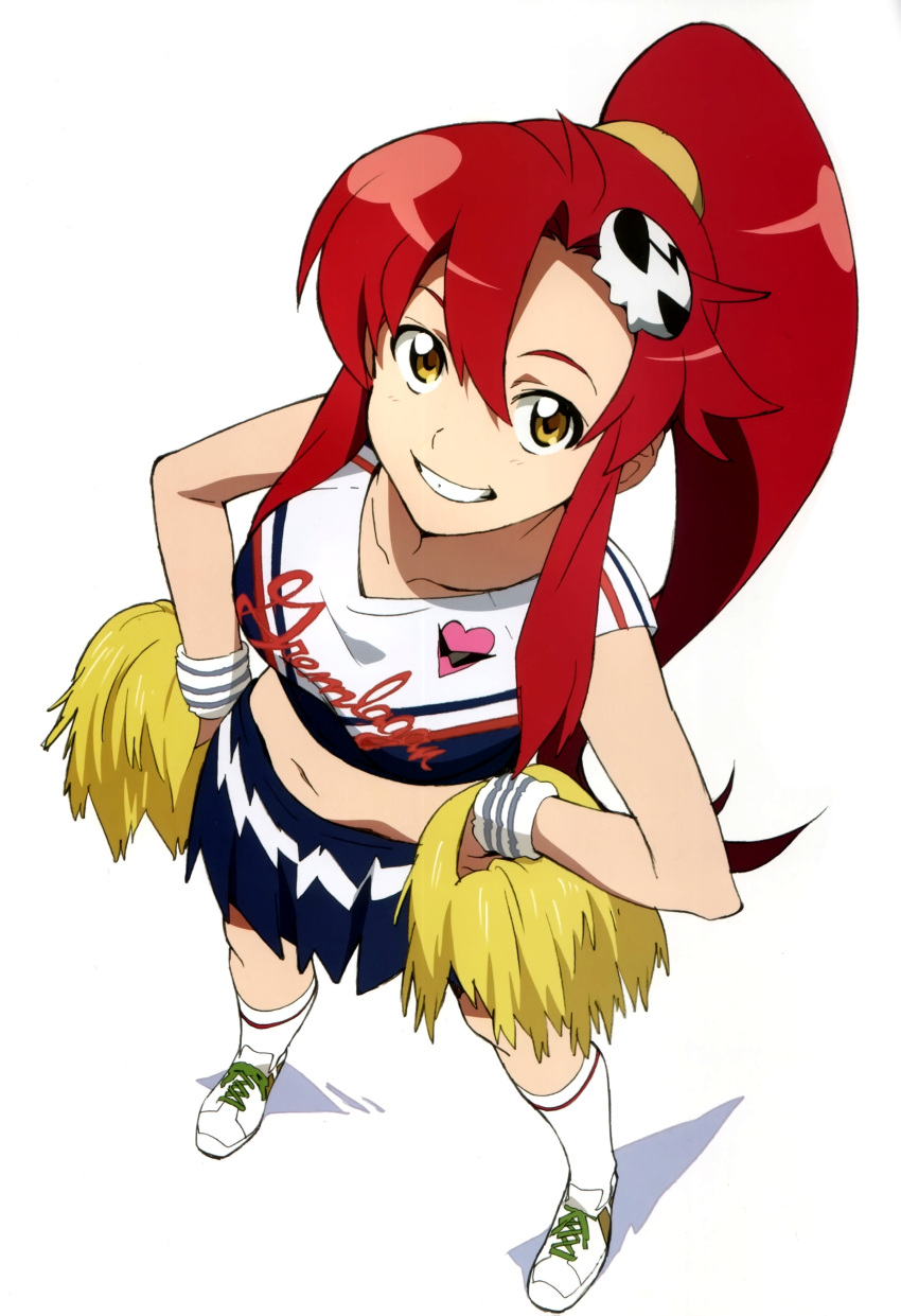 cheerleader, from_above, grin, hair_ornament, heart, highres, kamina_shades, long_hair