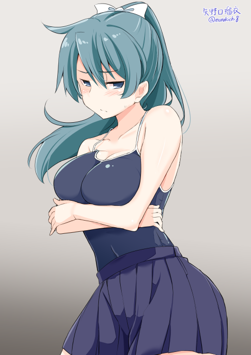 1girl, bare_shoulders, blue_eyes, blush, breasts, cleavage, competition_swimsuit, crossed_arms