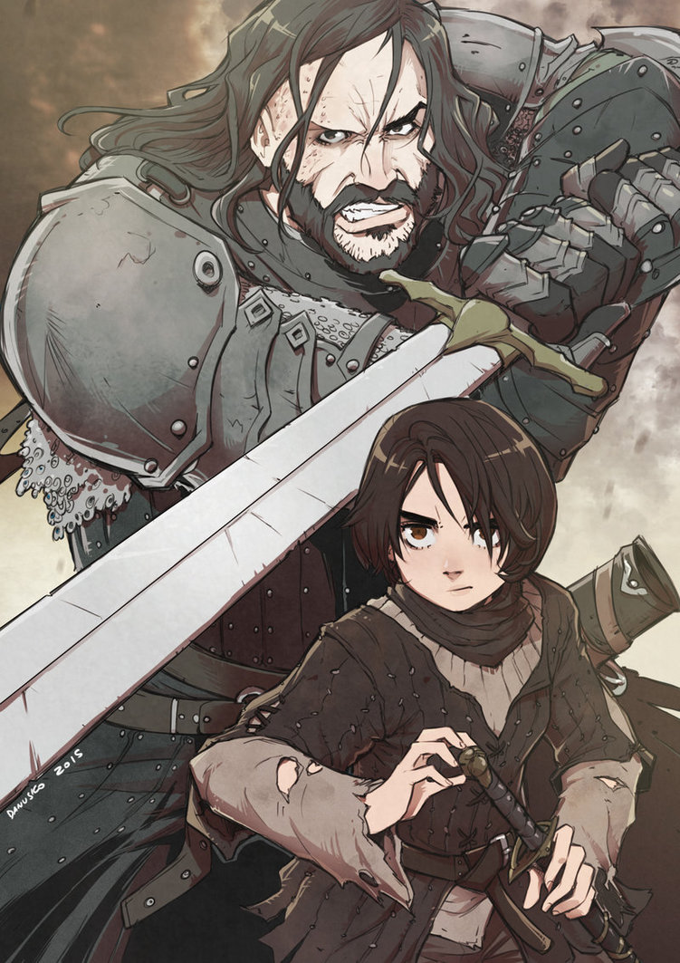 1boy, 1girl, 2015, age_difference, angry, armor, artist_name, arya_stark, beard, belt, black_eyes, black_hair, brown_eyes, brown_hair, chainmail, child, clenched_teeth, damaged, danusko, facial_hair, fantasy, game_of_thrones, gauntlets, hair_over_one_eye, height_difference, holding, holding_weapon, long_sleeves, looking_at_viewer, manly, pauldrons, sandor_clegane, scar, scarf, serious, sheath, short_hair, size_difference, sword, teeth, torn_clothes, weapon