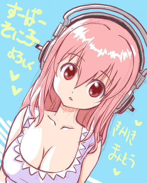 1girl, breasts, cleavage, head_tilt, headphones, large_breasts, long_hair, looking_at_viewer, mantou, nitroplus, pink_hair, red_eyes, sketch, solo, super_sonico