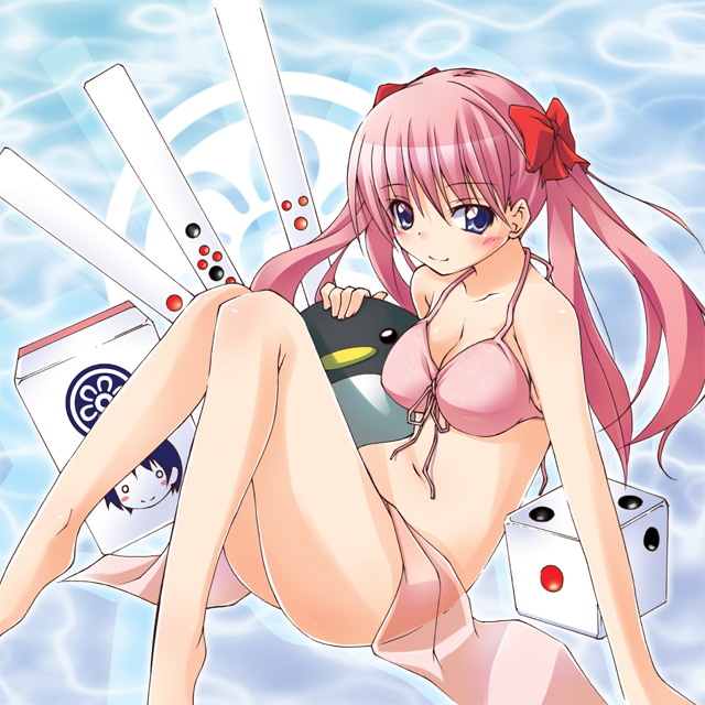 bikini, bird, blush, breasts, dice, front-tie_top, haramura_nodoka, mahjong