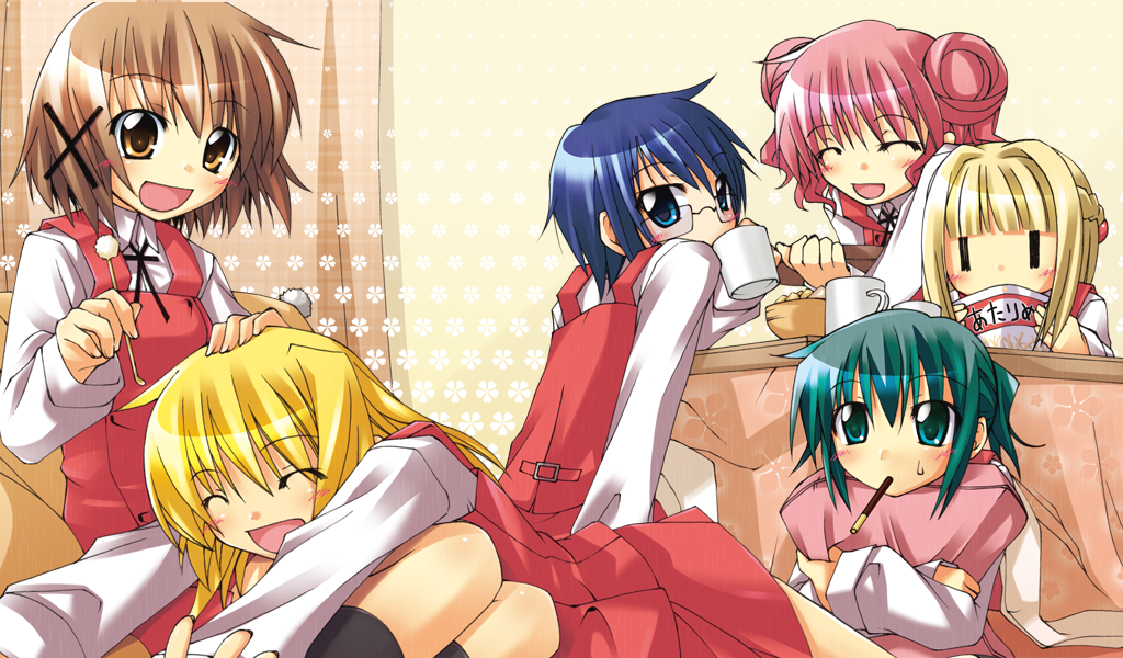blonde_hair, blue_eyes, blue_hair, blush, brown_eyes, brown_hair, closed_eyes, glasses