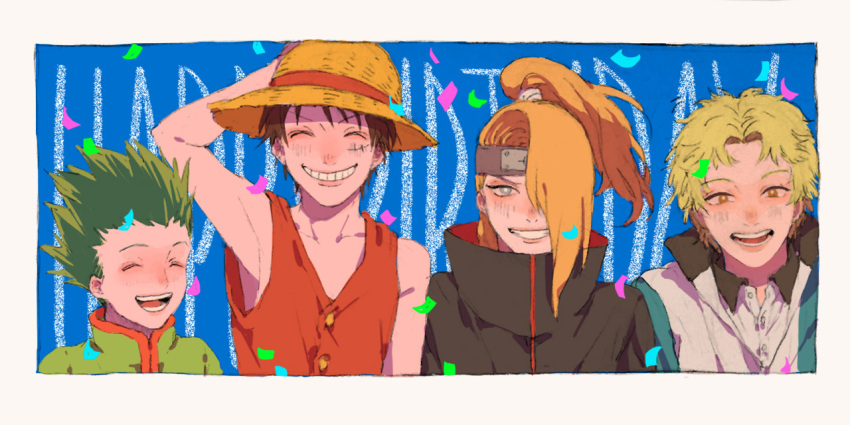 4boys, akutagawa_jirou, birthday, black_hair, closed_eyes, collarbone, confetti, crossover