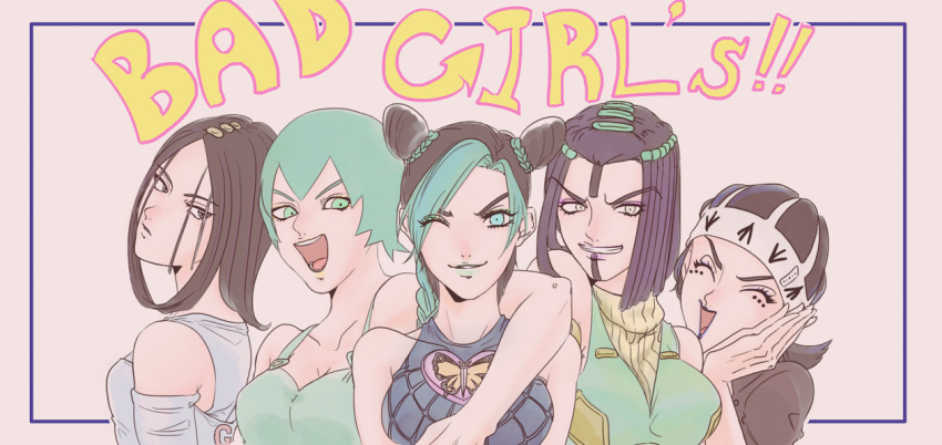 arm_around_neck, arm_warmers, black_eyes, black_hair, breasts, cleavage, closed_eyes, collarbone, double_bun, ermes_costello, eyeshadow, facial_mark, foo_fighters, green_eyes, green_hair, green_lipstick, grin, guess_(jojo), hairlocs, hat, jojo_no_kimyou_na_bouken, kuujou_jolyne, lipstick, makeup, mirashon, multicolored_hair, one_eye_closed, open_mouth, overalls, purple_lipstick, short_hair, smile, turtleneck, two-tone_hair, wakasaki_pyuuma